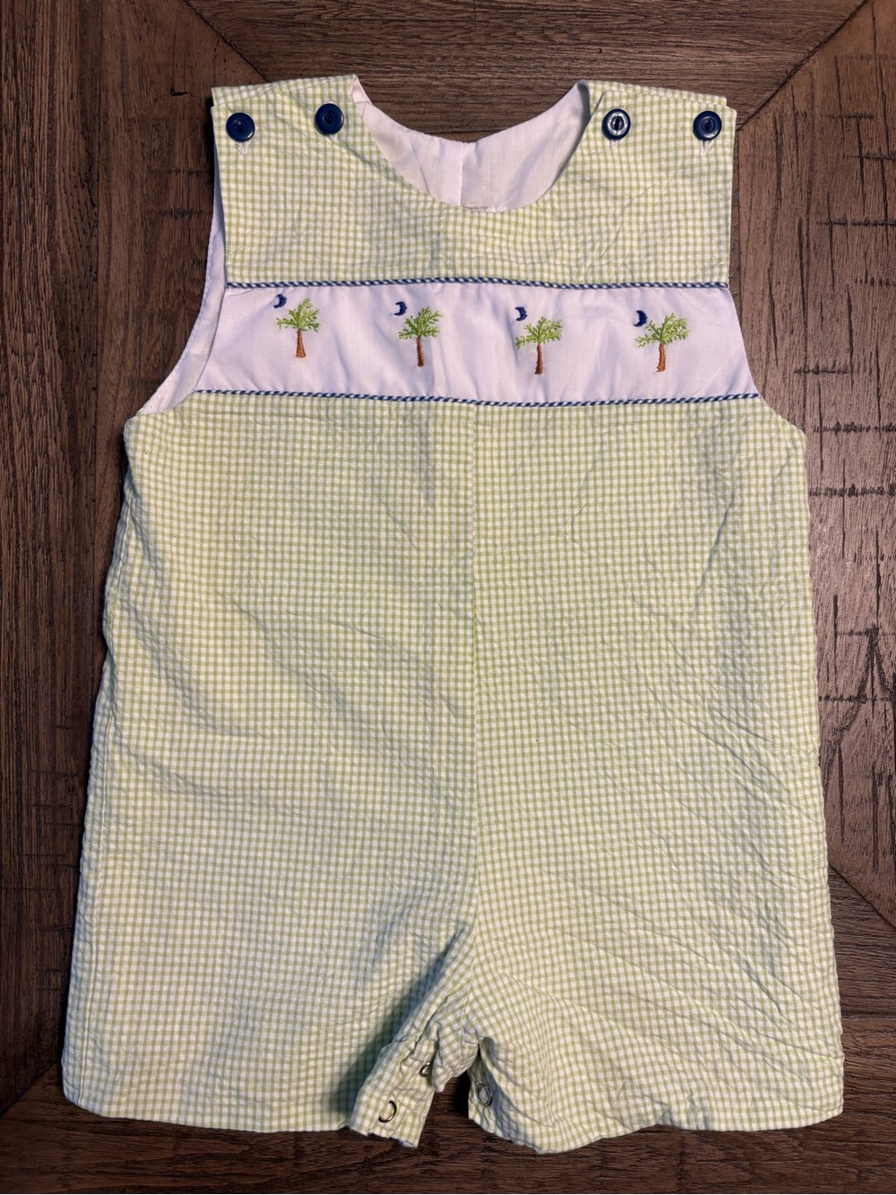 LuLu Bebe Baby Boys Green Seersucker Jon Jon with Palm Tree Embroidery 24 Mo.